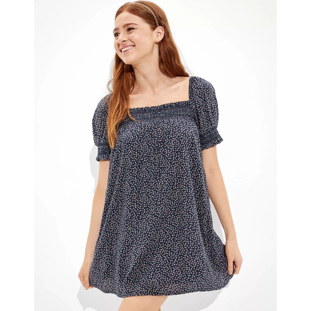 American Eagle Floral Smocked Puff-Sleeve Babydoll Dress, Small EUC